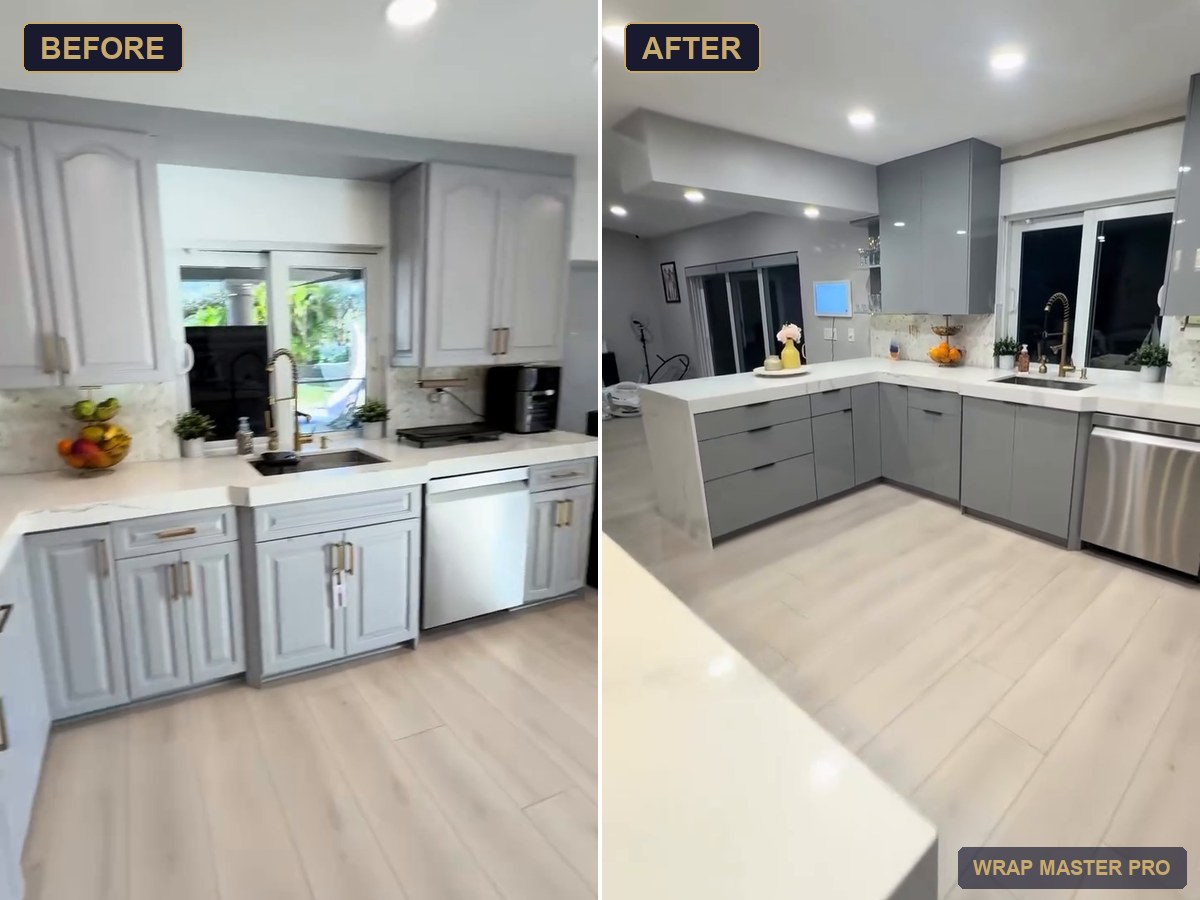 Before and after: gray high-gloss acrylic kitchen with a waterfall peninsula, South Florida