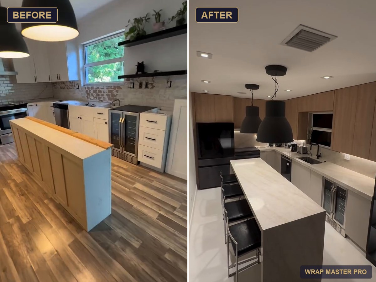 Before and after: refaced kitchen with woodgrain uppers, greige lowers and a lit display tower, South Florida