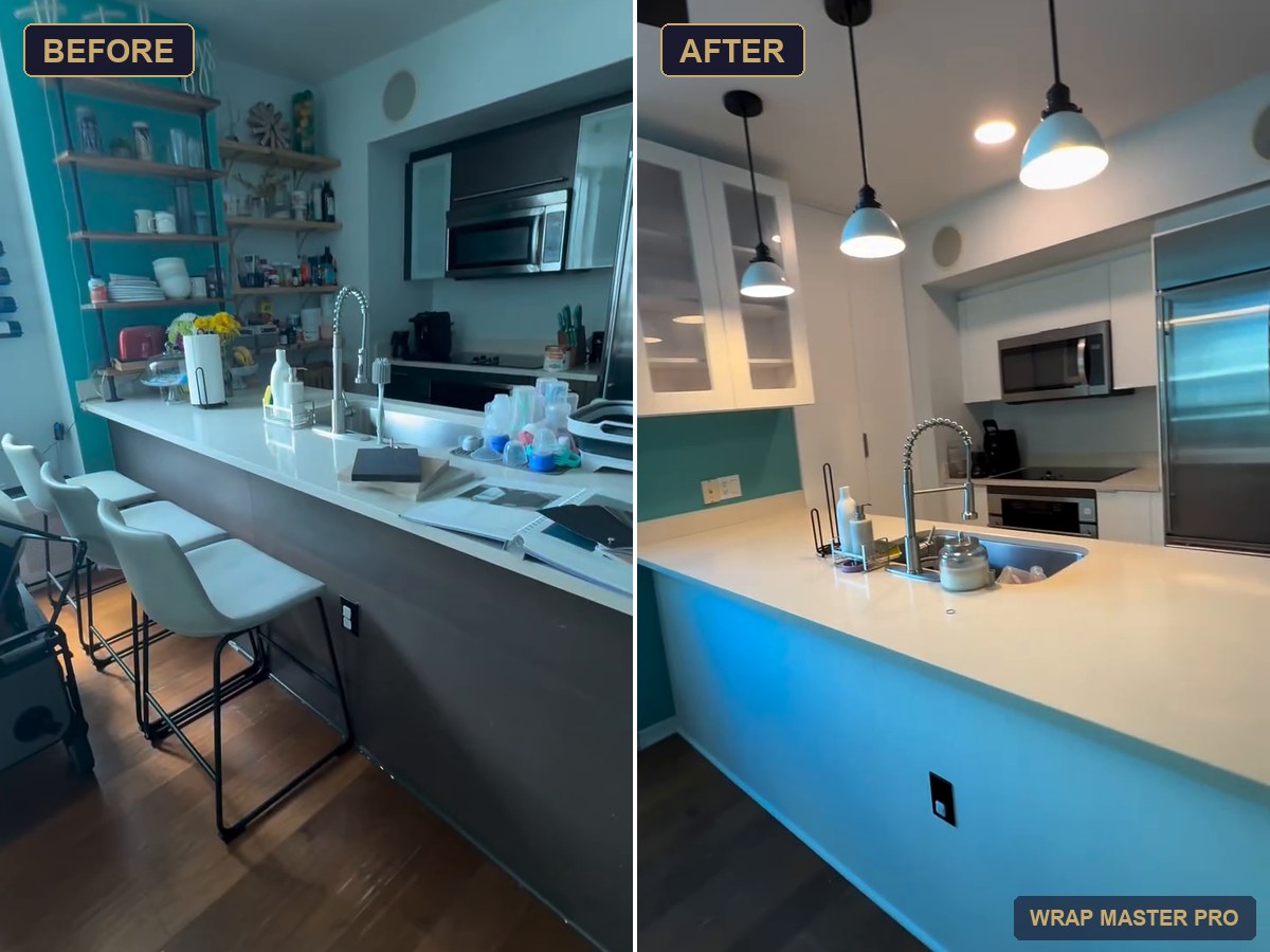 Before and after: bright white condo kitchen with an enclosed floor-to-ceiling pantry, South Florida