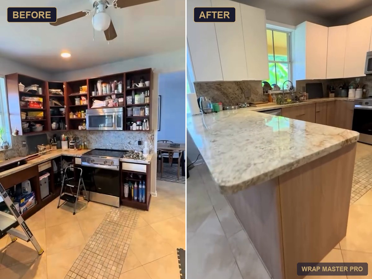 Before and after: kitchen with white flat uppers and oak-look lowers over existing granite, South Florida