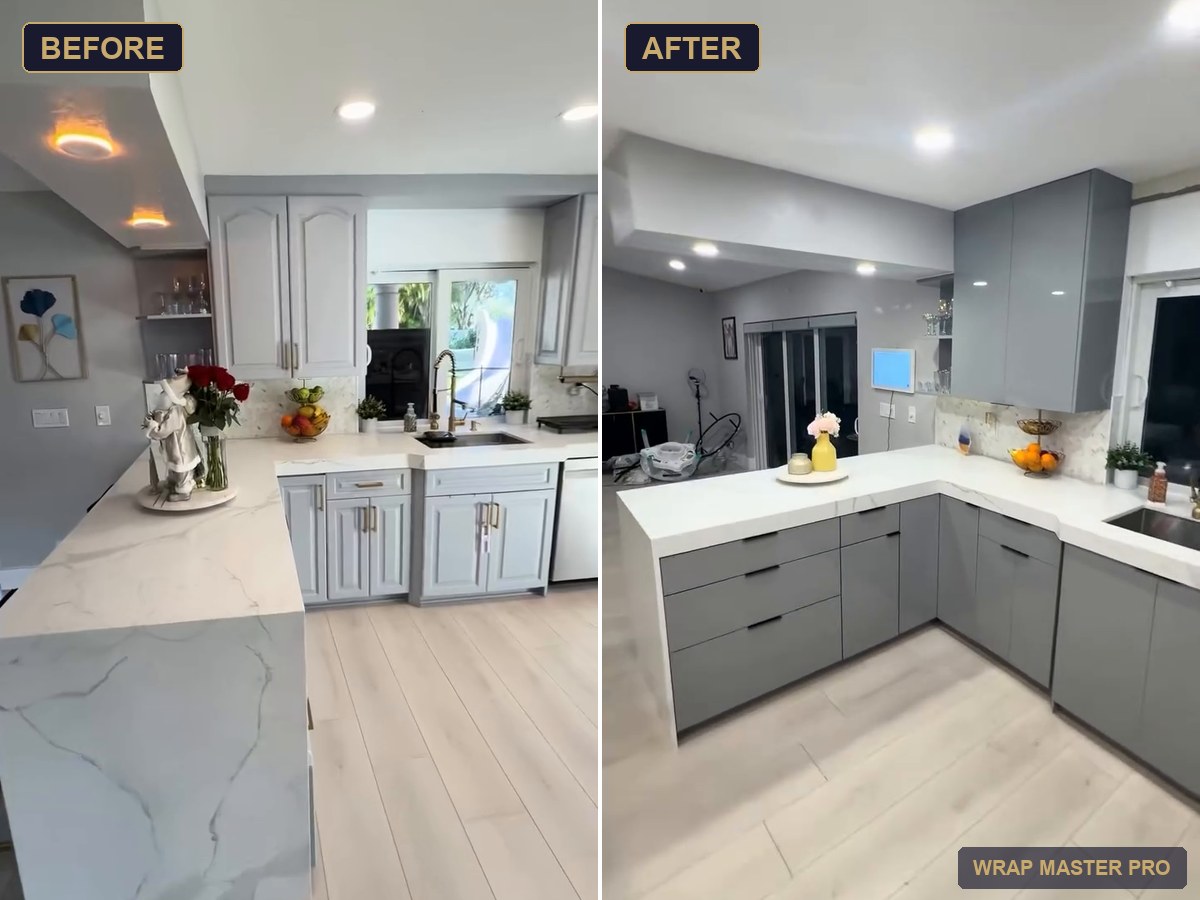 Before and after: gray high-gloss acrylic kitchen with a waterfall peninsula, South Florida