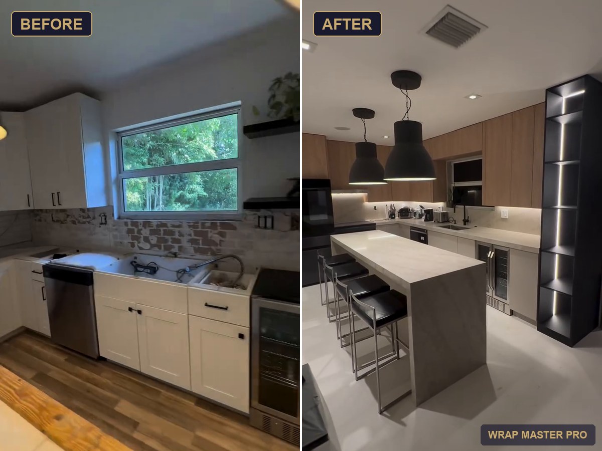 Before and after: refaced kitchen with woodgrain uppers, greige lowers and a lit display tower, South Florida