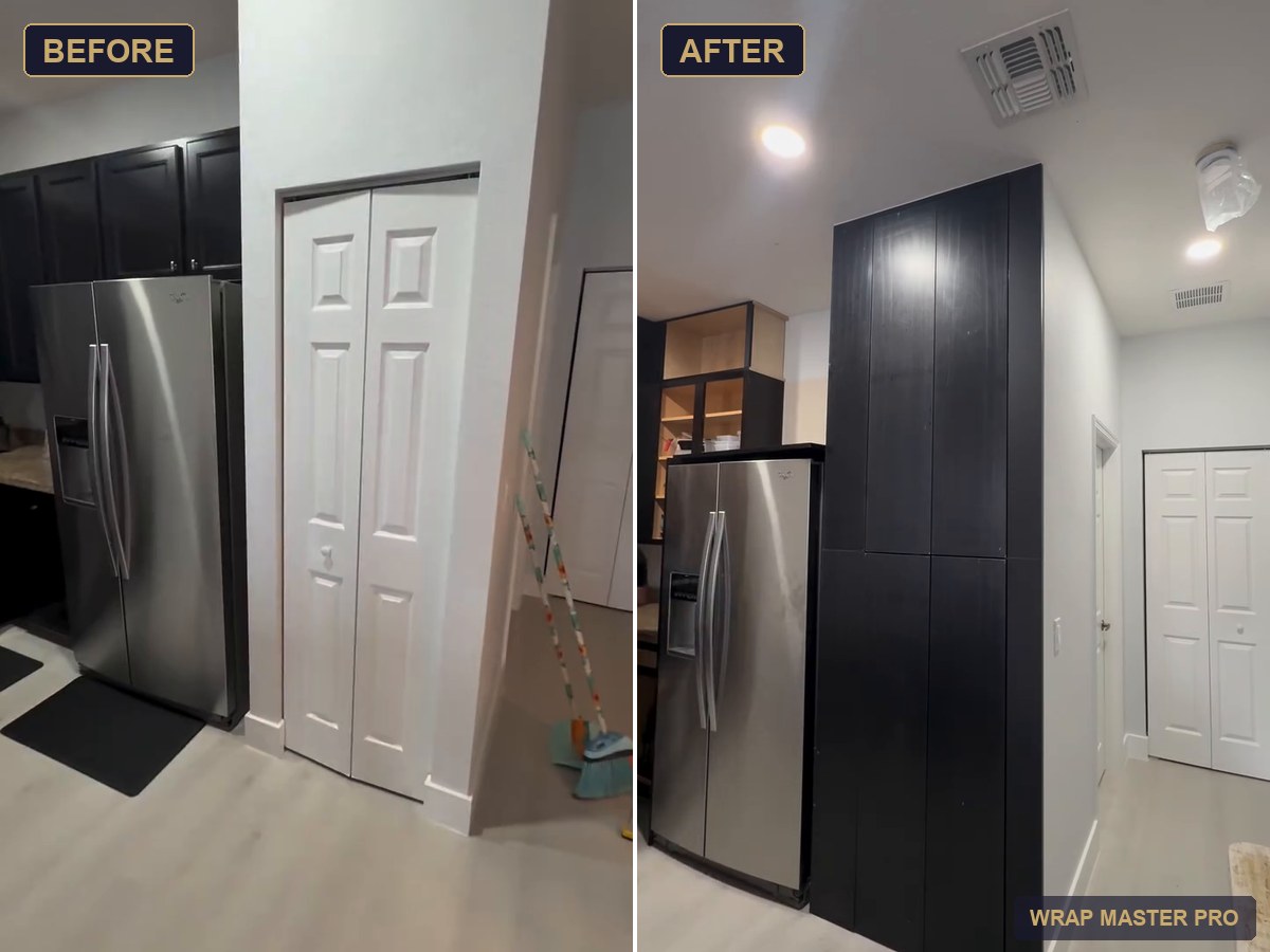 Before and after: floor-to-ceiling black woodgrain pantry wall beside the refrigerator, South Florida