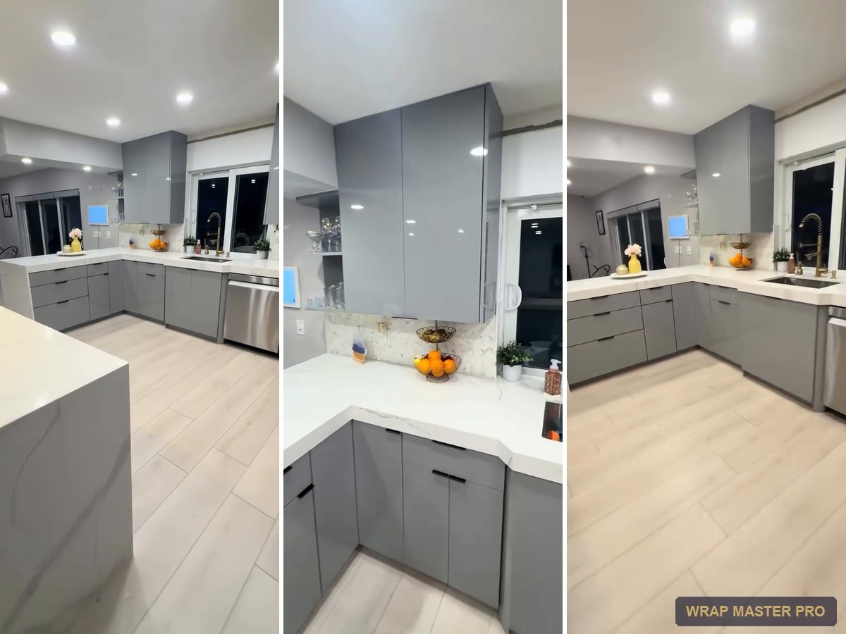 Gray high-gloss acrylic kitchen with a waterfall peninsula, South Florida