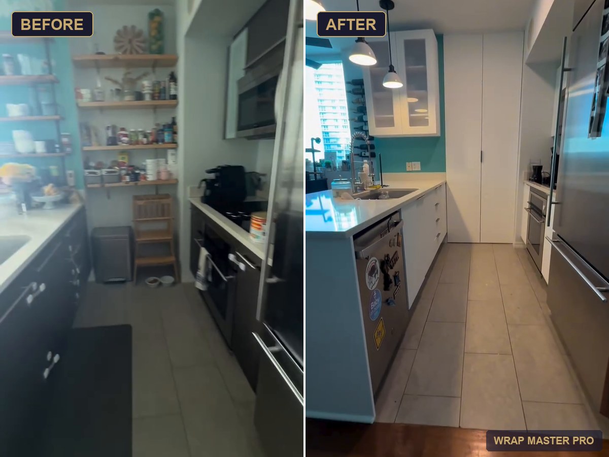 Before and after: bright white condo kitchen with an enclosed floor-to-ceiling pantry, South Florida