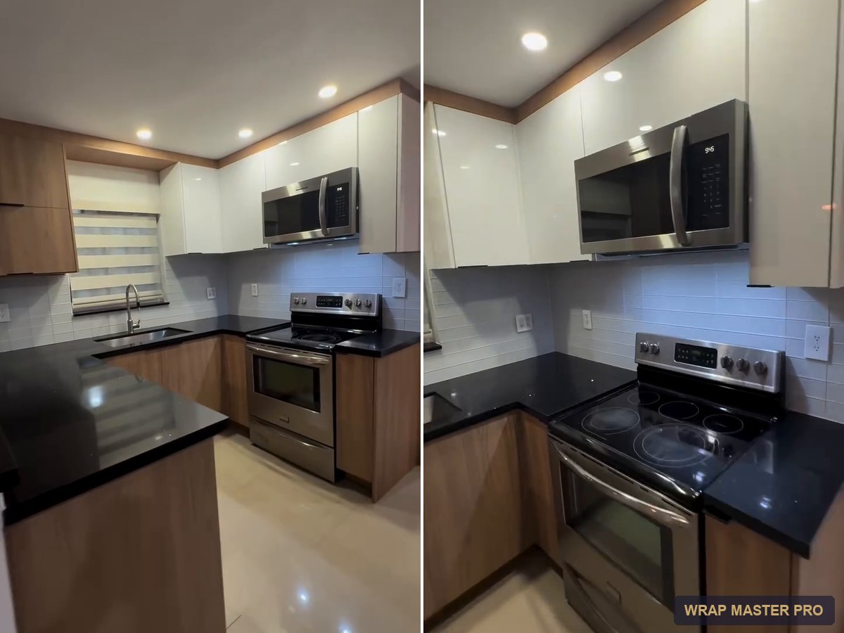 Two-tone kitchen with white high-gloss uppers and woodgrain lowers, South Florida