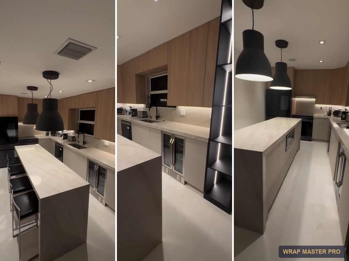 Refaced kitchen with woodgrain uppers, greige lowers and a lit display tower, South Florida