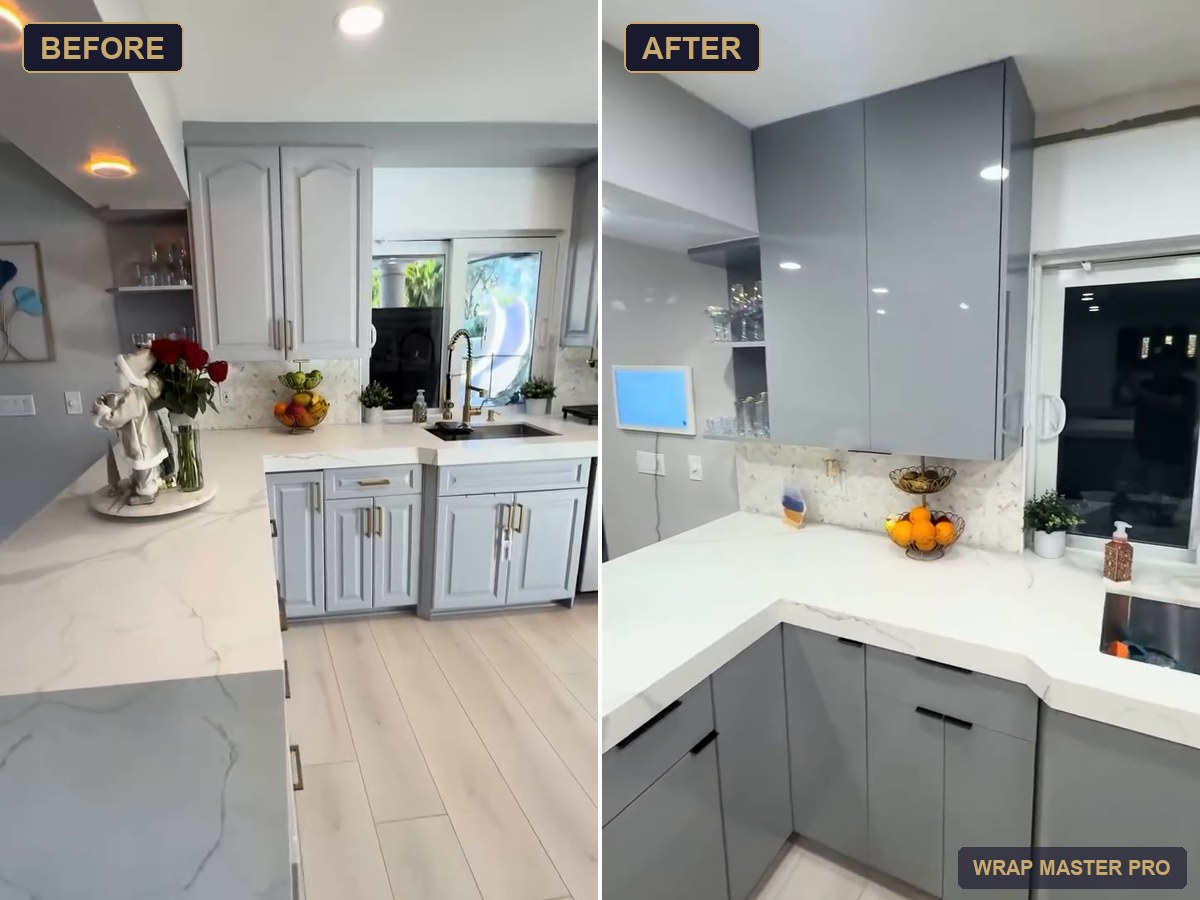 Before and after: gray high-gloss acrylic kitchen with a waterfall peninsula, South Florida