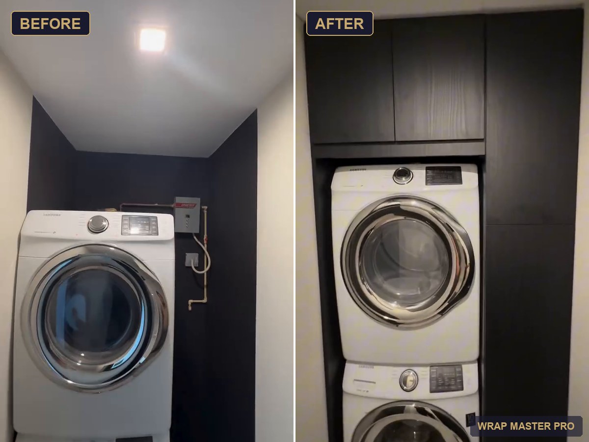 Before and after: built-in laundry closet with dark woodgrain cabinets, South Florida
