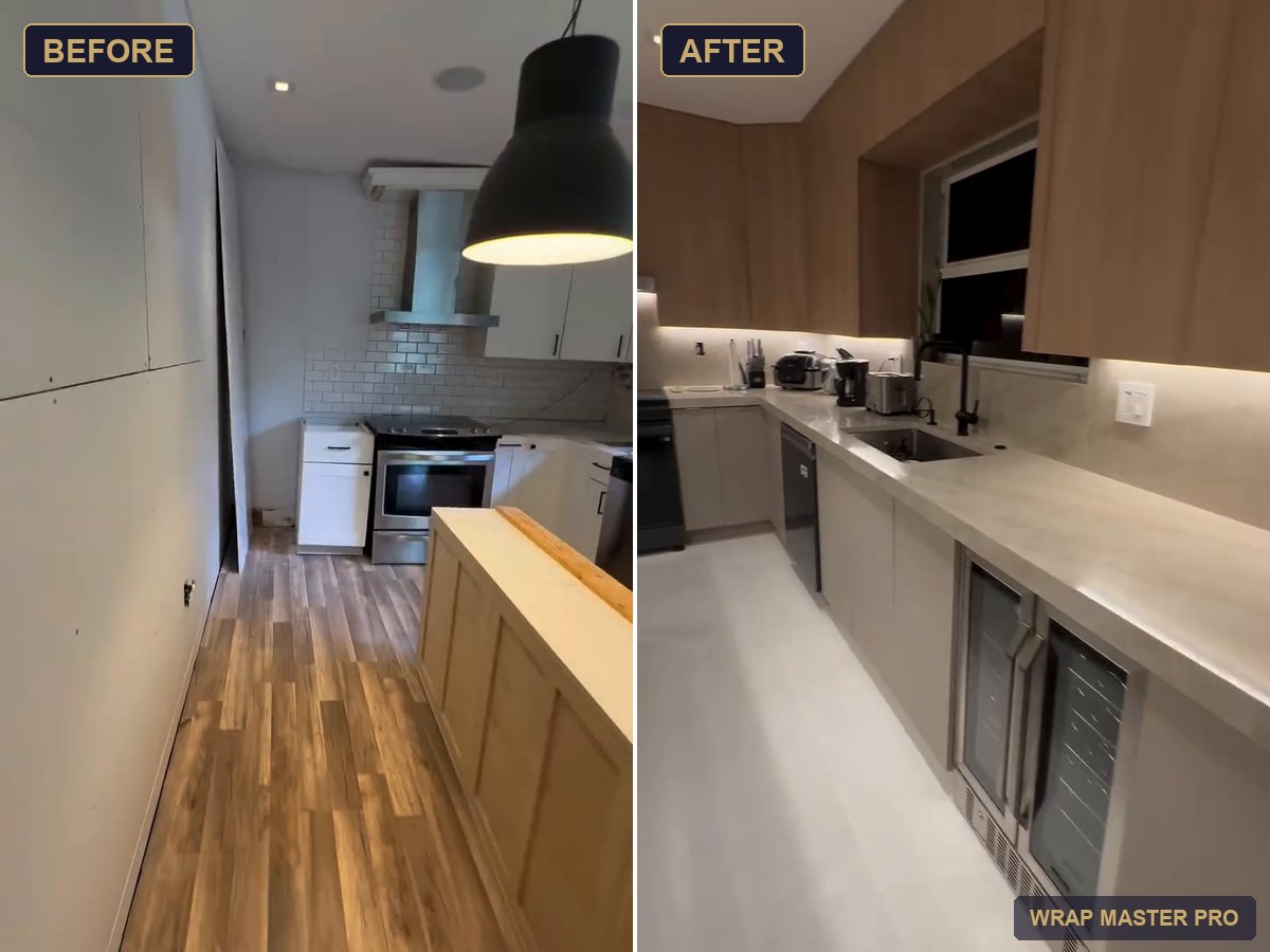 Before and after: refaced kitchen with woodgrain uppers, greige lowers and a lit display tower, South Florida