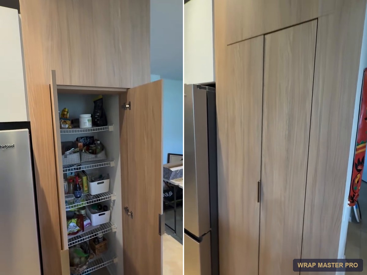 Full-height natural oak-look pantry wall with flush doors, South Florida