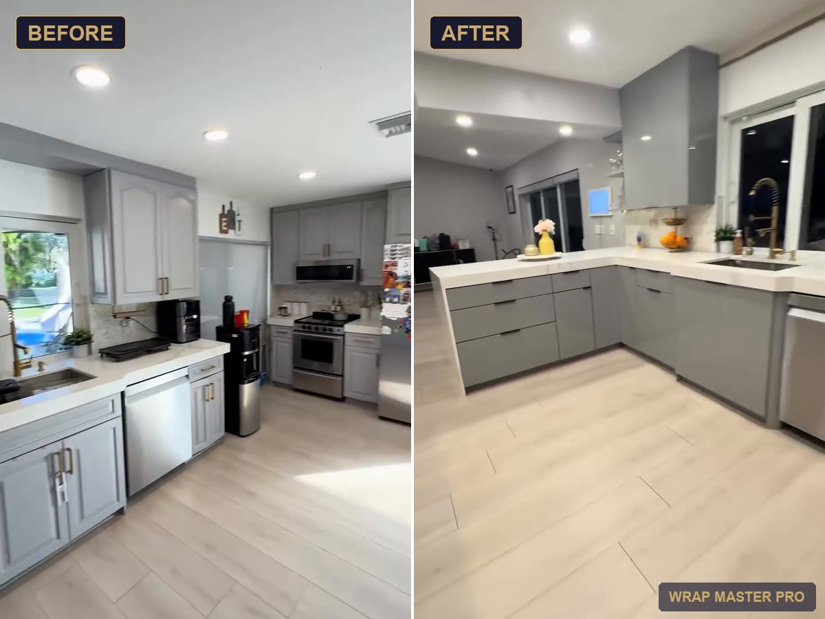Before and after: gray high-gloss acrylic kitchen with a waterfall peninsula, South Florida
