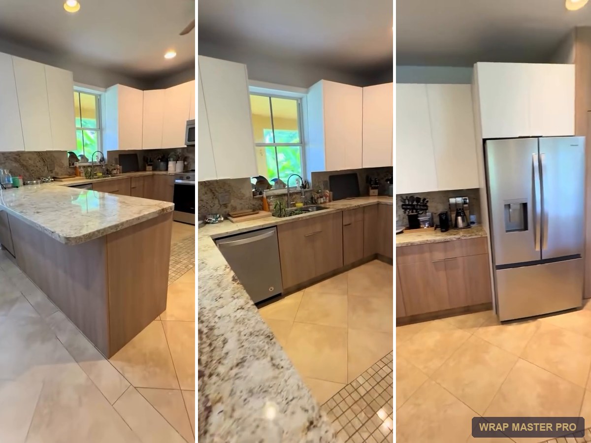 Kitchen with white flat uppers and oak-look lowers over existing granite, South Florida