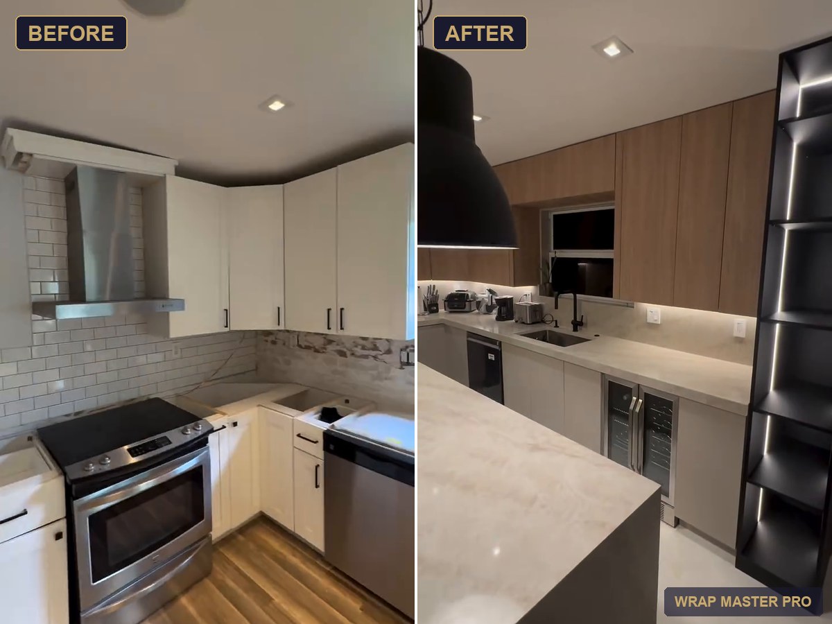 Before and after: refaced kitchen with woodgrain uppers, greige lowers and a lit display tower, South Florida