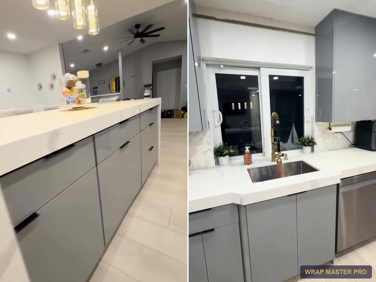 Gray high-gloss acrylic kitchen with a waterfall peninsula, South Florida