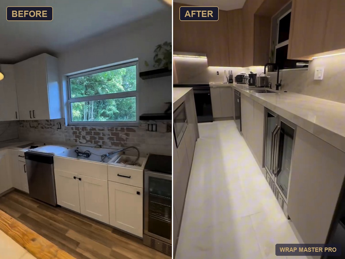 Before and after: refaced kitchen with woodgrain uppers, greige lowers and a lit display tower, South Florida