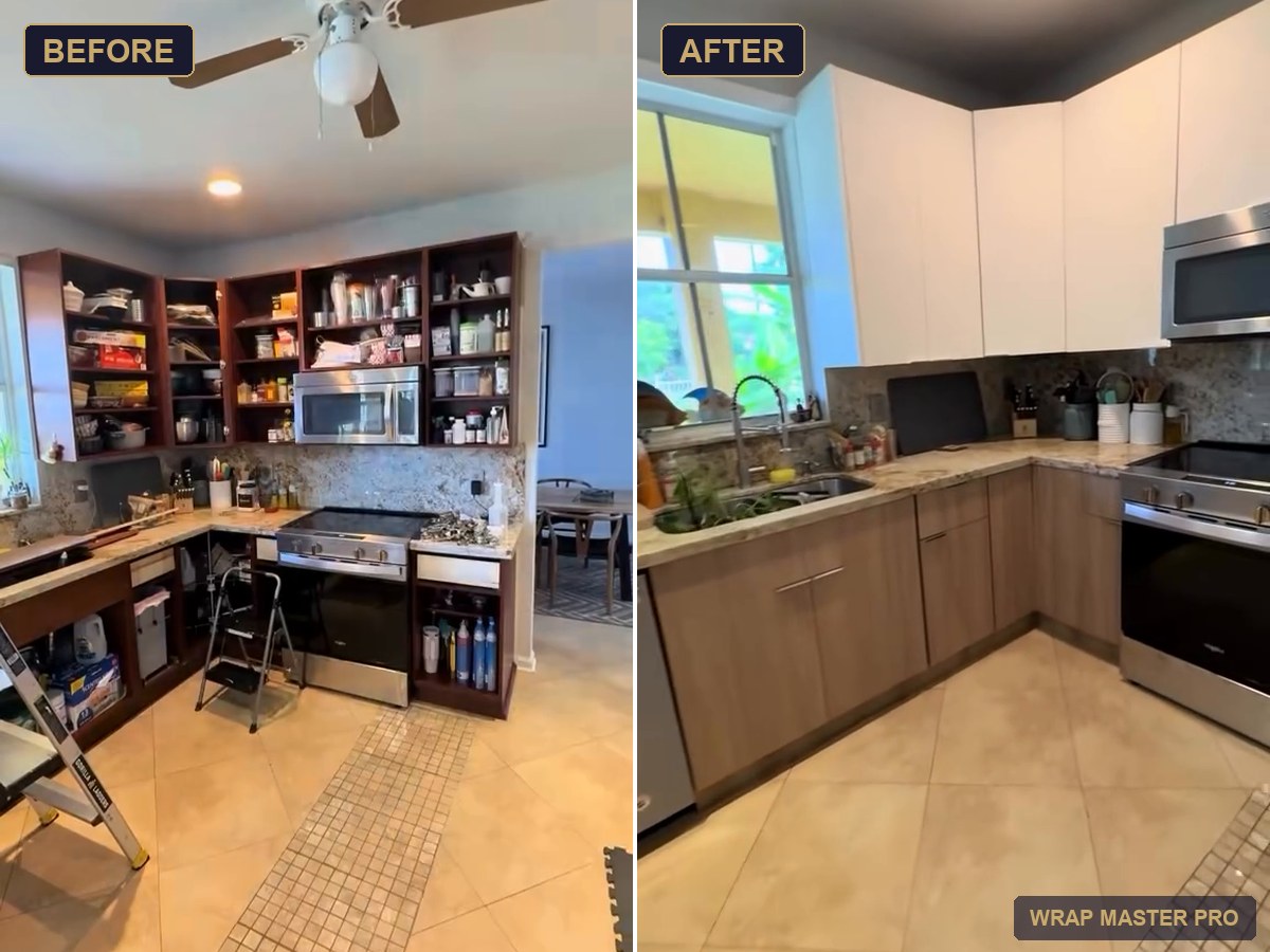 Before and after: kitchen with white flat uppers and oak-look lowers over existing granite, South Florida