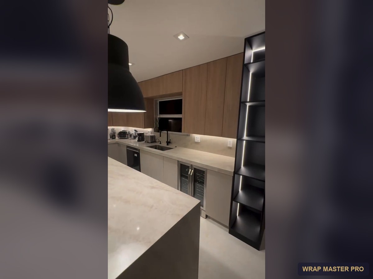 Refaced kitchen with woodgrain uppers, greige lowers and a lit display tower, South Florida