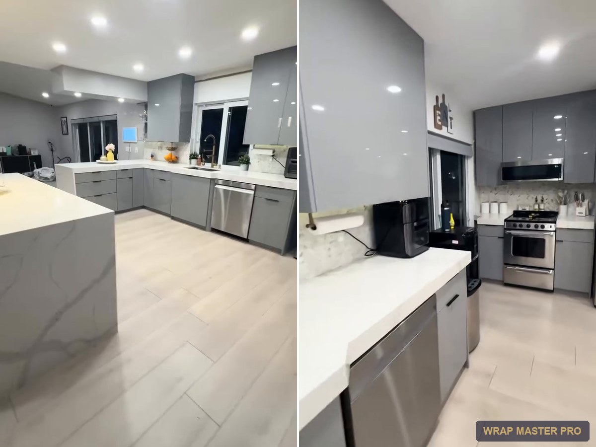 Gray high-gloss acrylic kitchen with a waterfall peninsula, South Florida