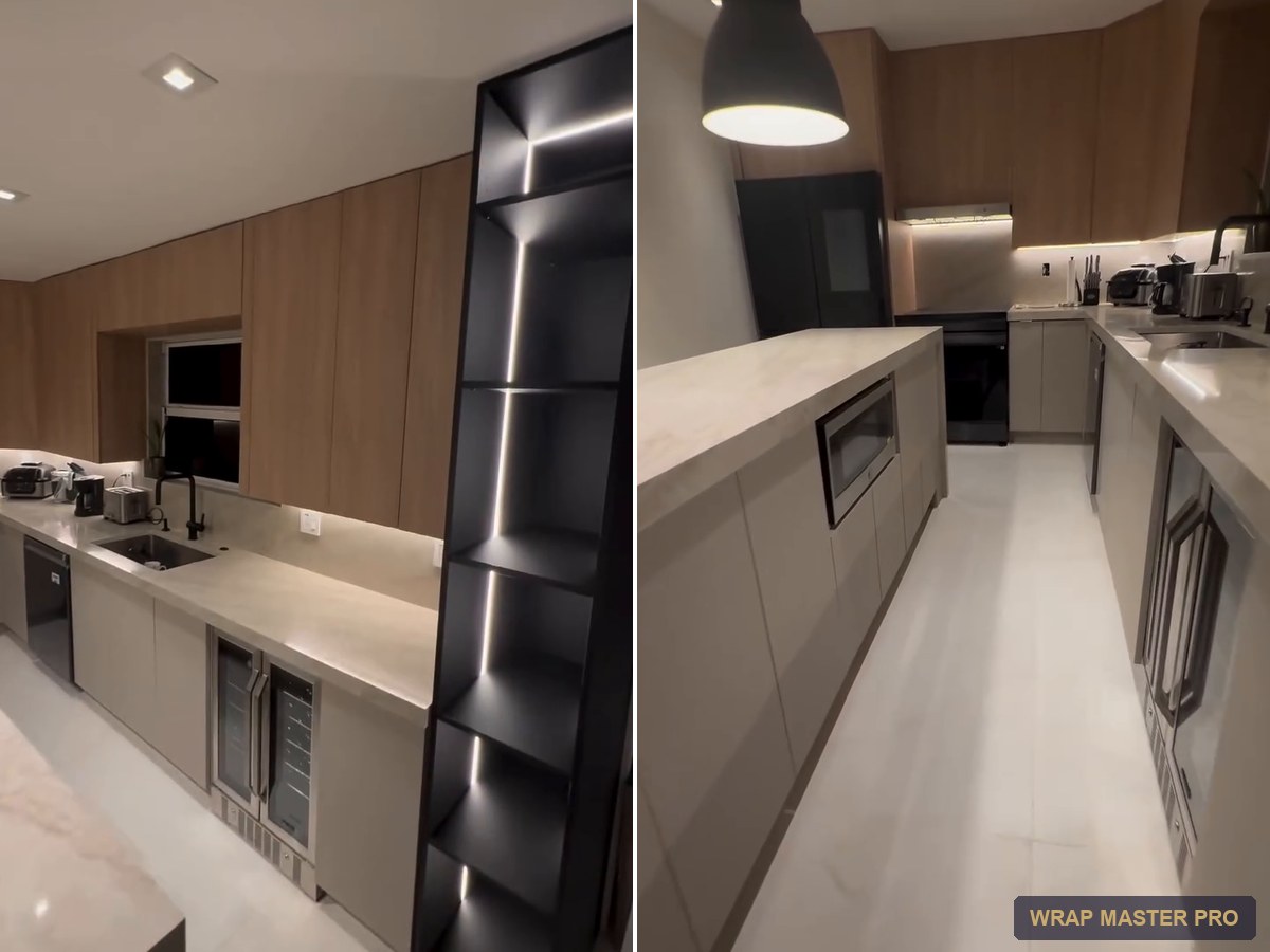 Refaced kitchen with woodgrain uppers, greige lowers and a lit display tower, South Florida