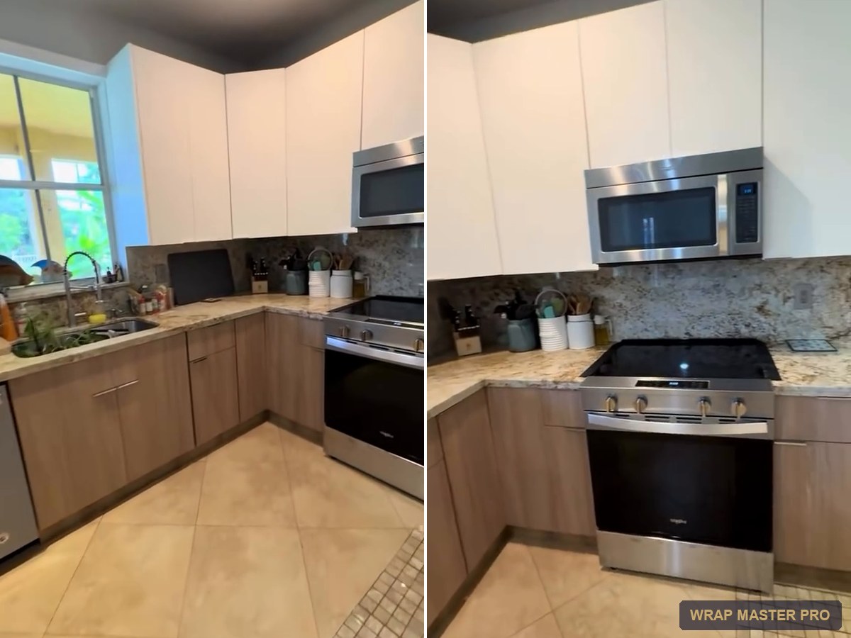 Kitchen with white flat uppers and oak-look lowers over existing granite, South Florida