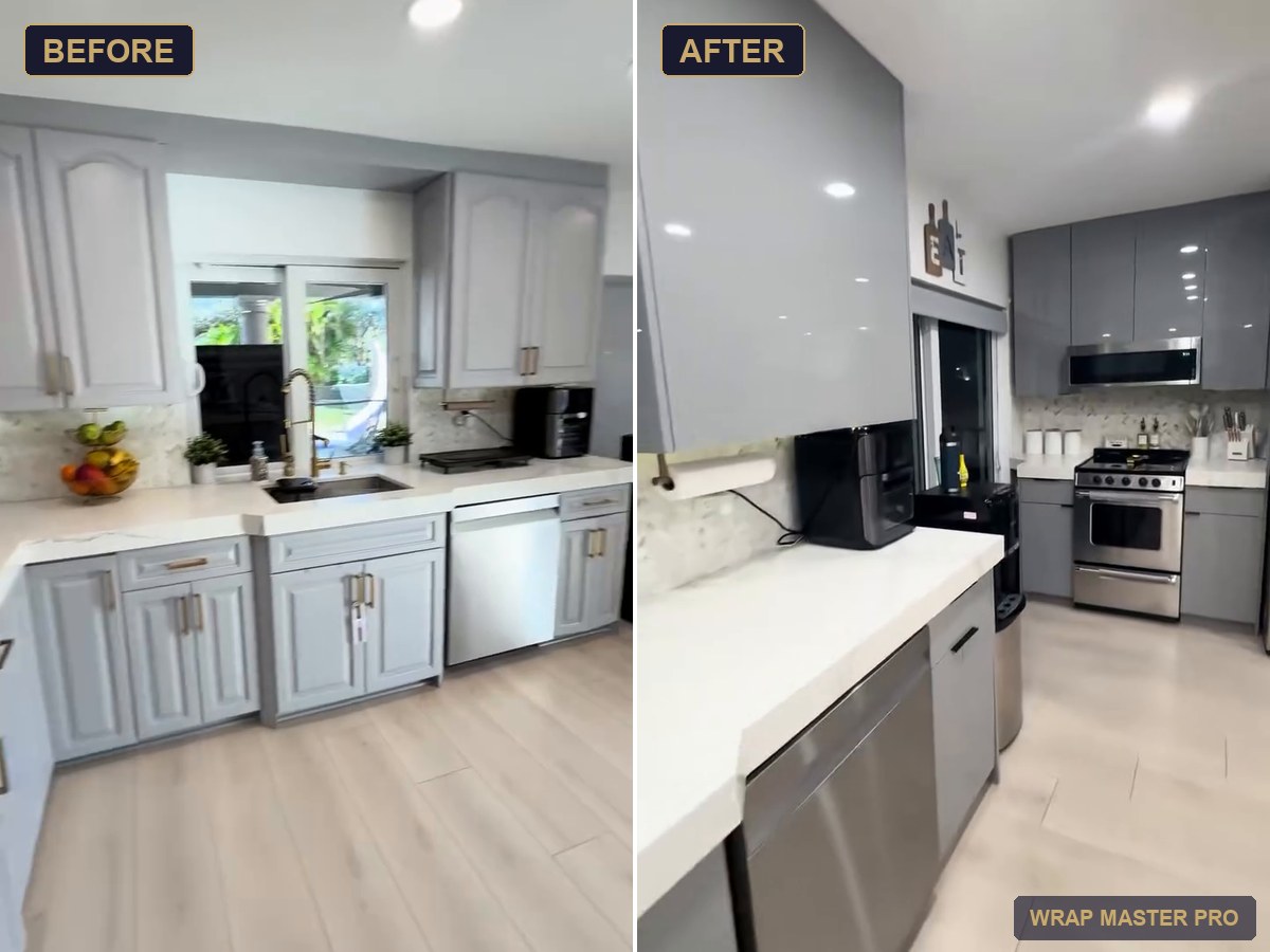 Before and after: gray high-gloss acrylic kitchen with a waterfall peninsula, South Florida