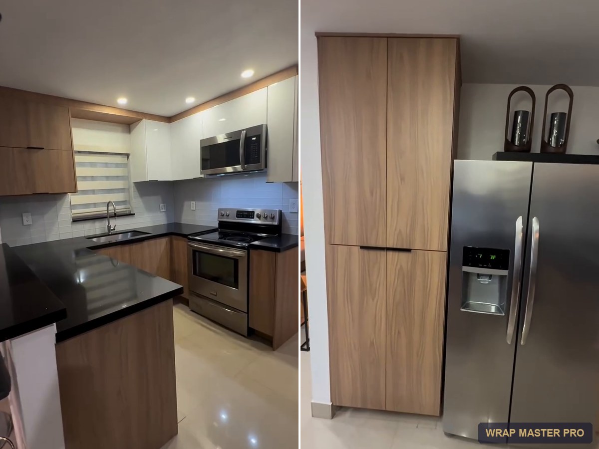 Two-tone kitchen with white high-gloss uppers and woodgrain lowers, South Florida
