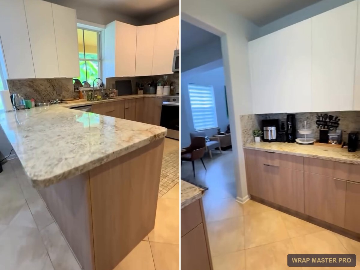 Kitchen with white flat uppers and oak-look lowers over existing granite, South Florida